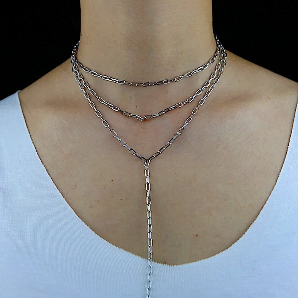 Sterling Silver Paperclip Necklace, Multilayer, Minimalist, Boho, Statement